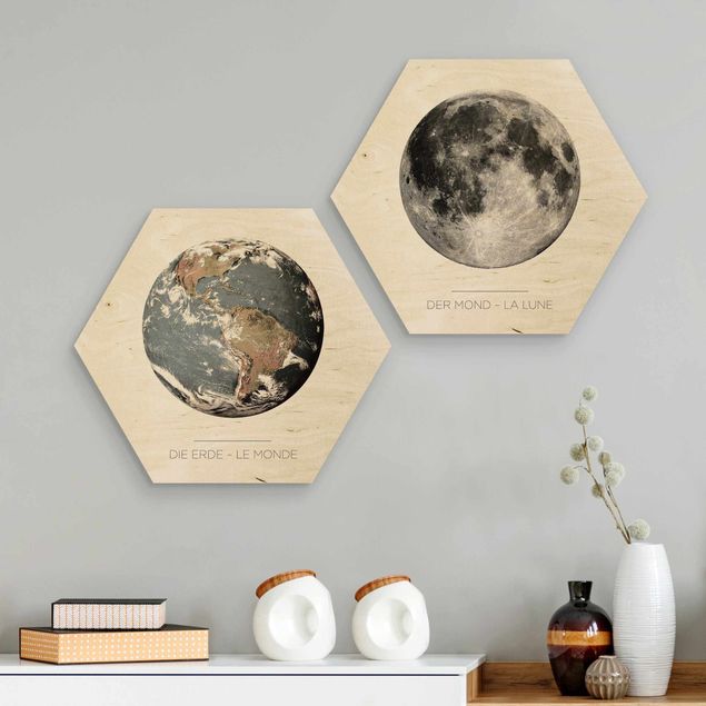 Holzbilder modern Mond und Erde