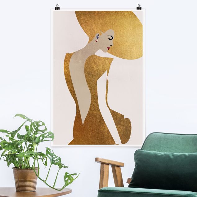 Poster Illustration Dame mit Hut in Gold