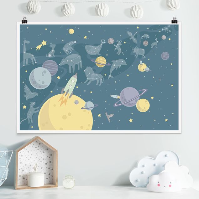Wandbilder Tiere Planeten mit Sternzeichen und Raketen