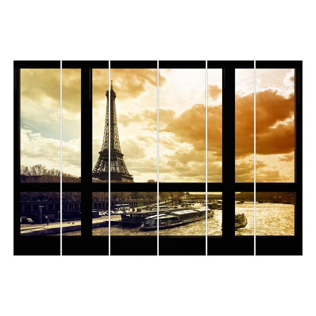 Schiebegardinen Set 6-teilig Fensterblick - Paris Eiffelturm Sonnenuntergang