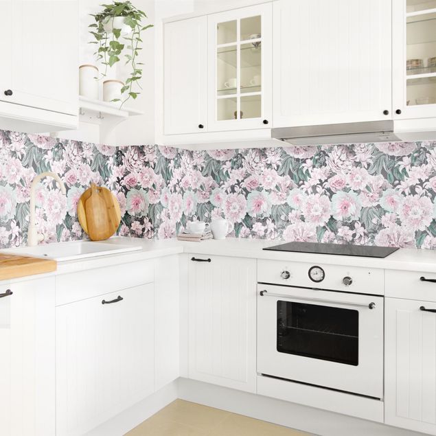 Küchenrückwand Muster Nostalgische Pfingstrosen in Pastell Rosa II