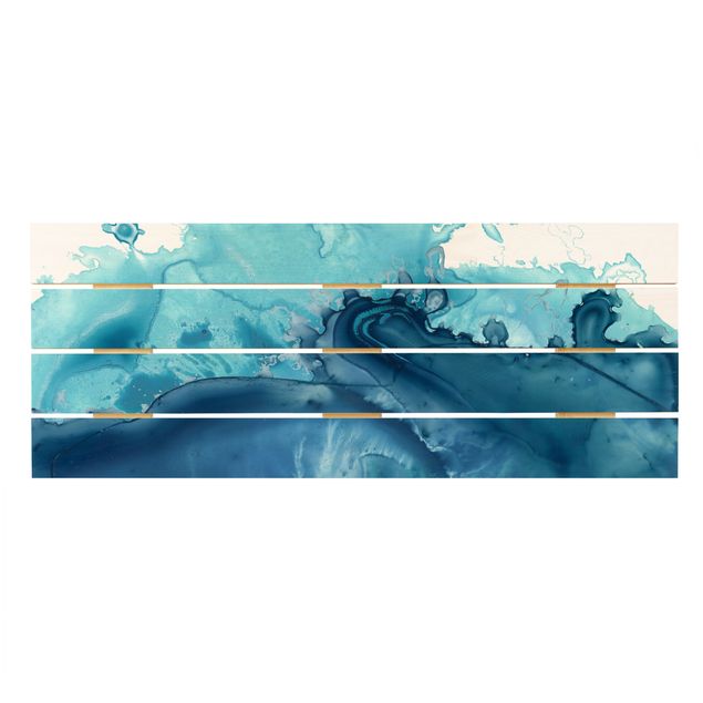Wandbild Holz Welle Aquarell Blau I
