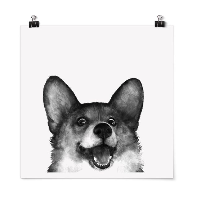 Poster Schwarz-Weiß Illustration Hund Corgi Weiß Schwarz Malerei