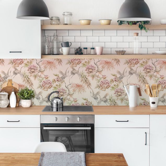 Glasrückwand Küche Muster Aquarell Vögel mit großen Blüten in Ombre