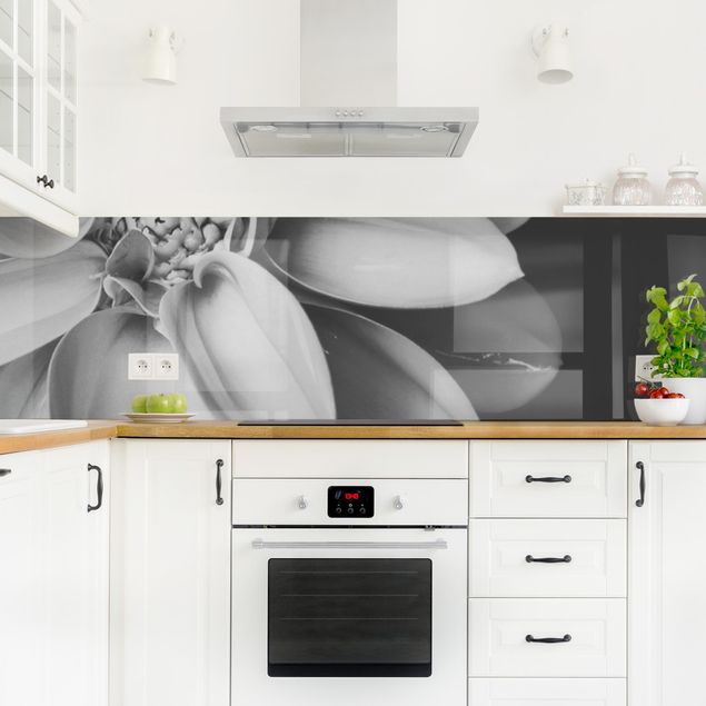 Küchenrückwand Glas Blumen Im Herzen einer Dahlie Schwarz-Weiß