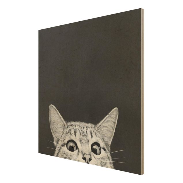 Wandbild Holz Illustration Katze Schwarz Weiß Zeichnung