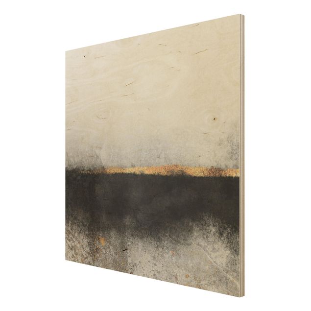 Holzbild - Abstrakter Goldener Horizont Schwarz Weiß - Quadrat 1:1