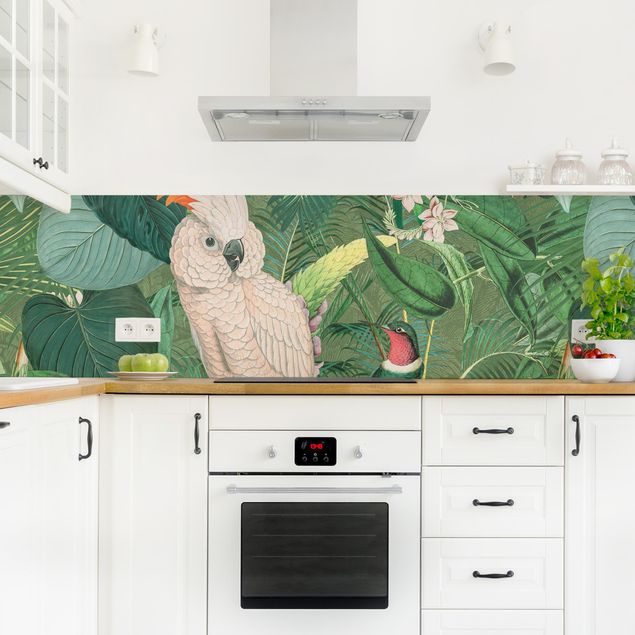Küchenrückwand Folie Blumen Vintage Collage - Kakadu und Kolibri