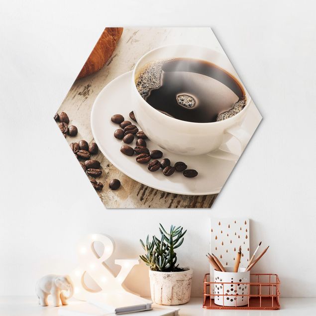 Alu Dibond Bilder Dampfende Kaffeetasse mit Kaffeebohnen
