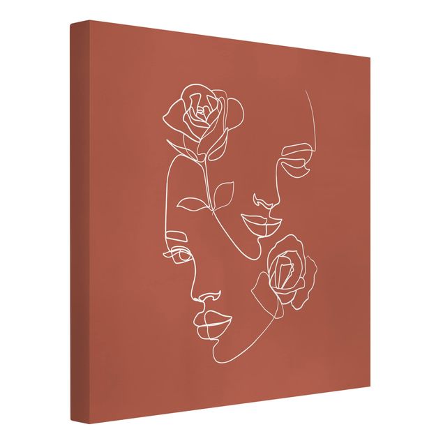 Leinwandbild - Line Art Gesichter Frauen Rosen Kupfer - Quadrat 1:1