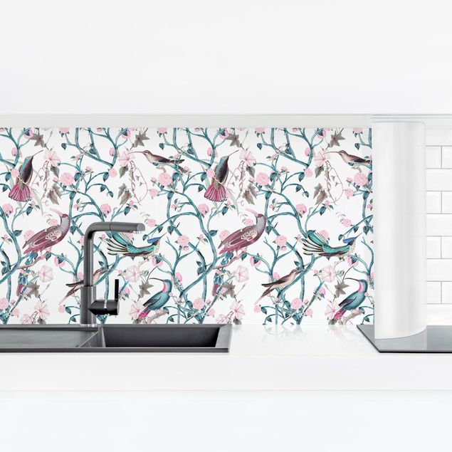 Küchenrückwand Muster Rosa Blumenranken mit Vögeln in Blau
