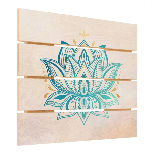 Holzbild - Lotus Illustration Mandala gold blau - Quadrat 1:1
