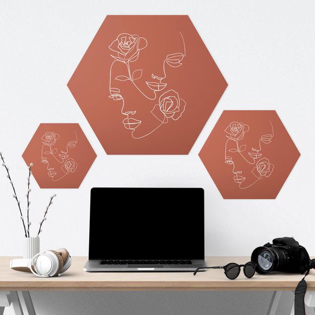 Hexagon Bild Forex - Line Art Gesichter Frauen Rosen Kupfer