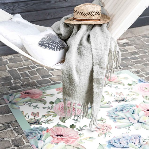 outdoor-teppich wetterfest Aquarell Blumenbouquet mit Sukkulenten und Rahmen