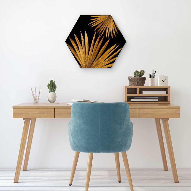 Wandbild Holz Gold - Palmenblatt auf Schwarz