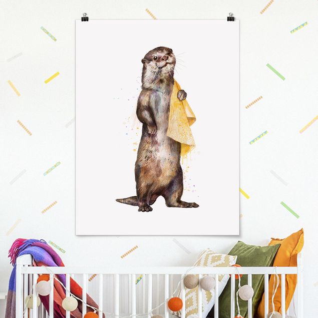 Poster - Illustration Otter mit Handtuch Malerei Weiß - Hochformat 4:3