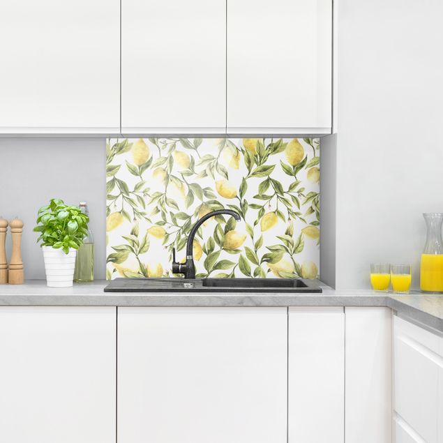 Glasrückwand Küche Muster Fruchtige Zitronen mit Blättern