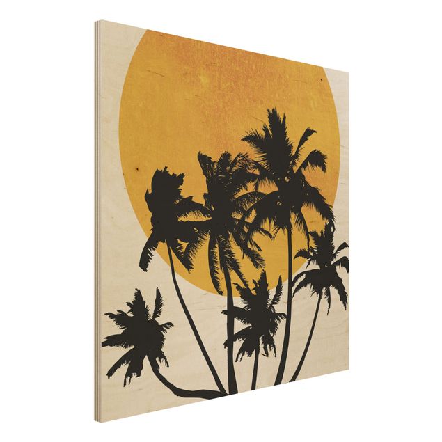 Holzbilder mit Blumen Palmen vor goldener Sonne