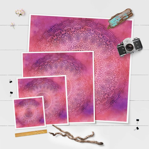 Poster - Aquarell Mandala Pink Violett - Quadrat 1:1