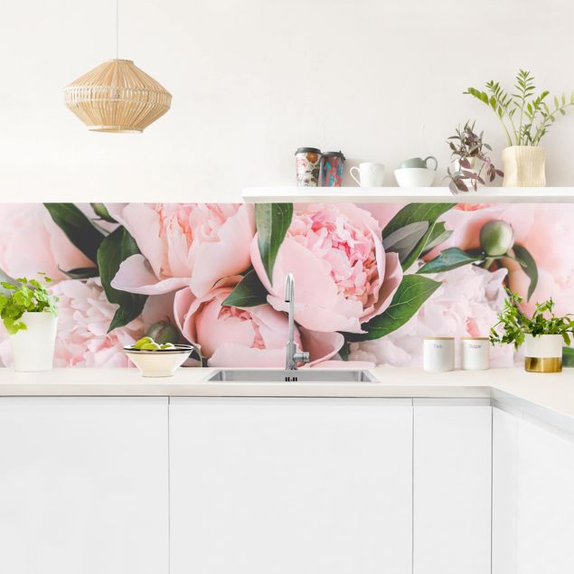 Küchenrückwand Folie Blumen Rosa Pfingstrosen mit Blättern