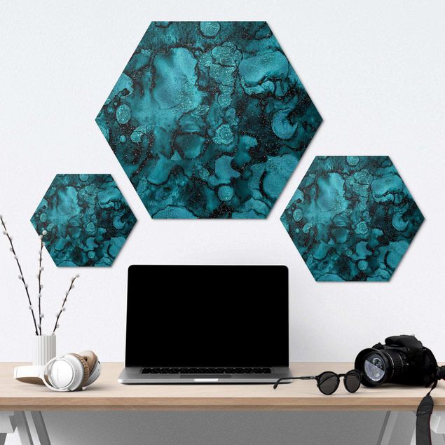 Hexagon Bild Alu-Dibond - Türkise Tropfen mit Glitzer