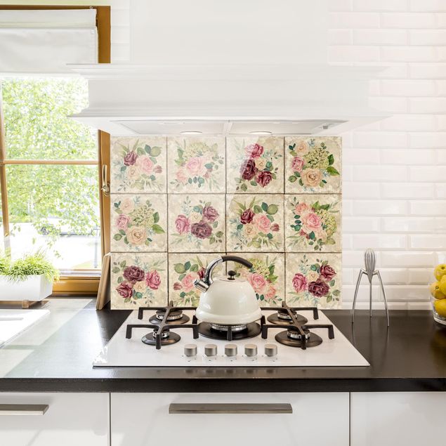Küchenrückwand Glas Motiv Blumen Vintage Rosen und Hortensien
