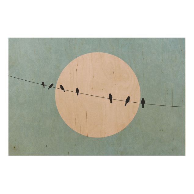 Moderne Holzbilder Vögel vor rosa Sonne I