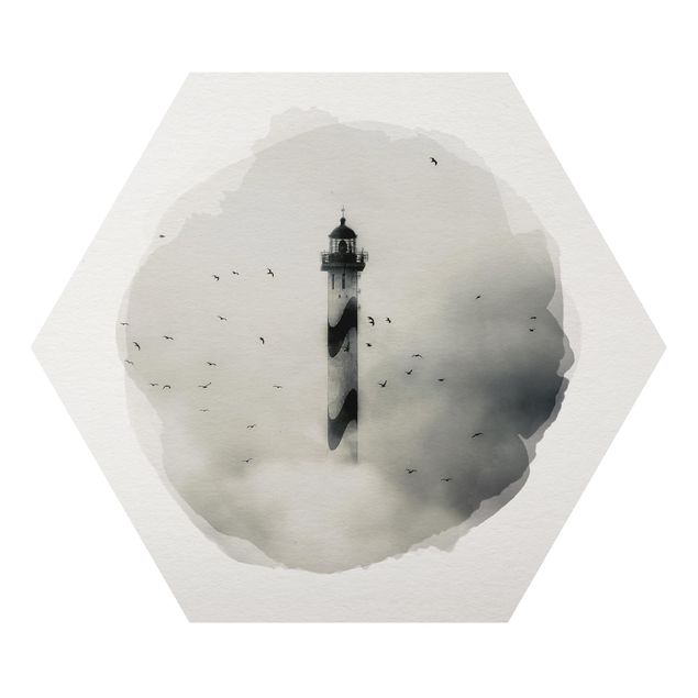 Hexagon Bild Alu-Dibond - Wasserfarben - Leuchtturm im Nebel