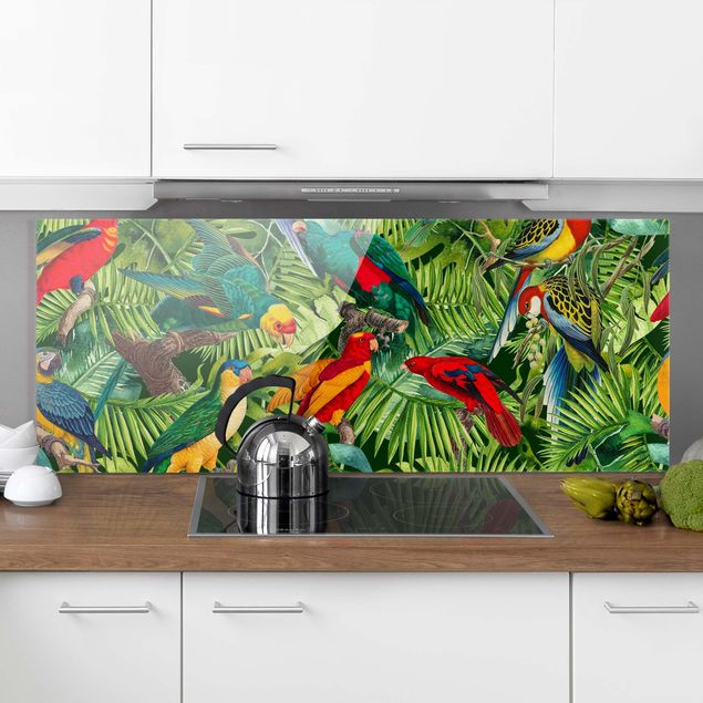 Spritzschutz Glas magnetisch Bunte Collage - Papageien im Dschungel