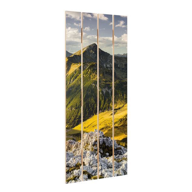 Holzbild - Berge und Tal der Lechtaler Alpen in Tirol - Hochformat 5:2