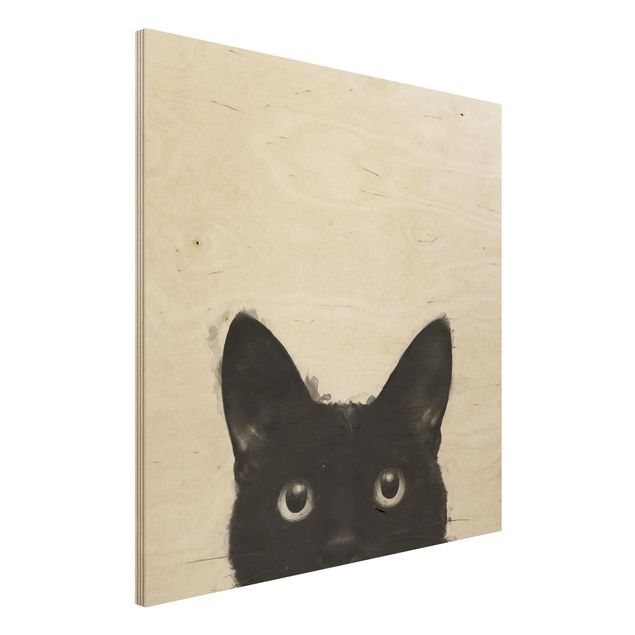 Holzbild - Illustration Schwarze Katze auf Weiß Malerei - Quadrat 1:1