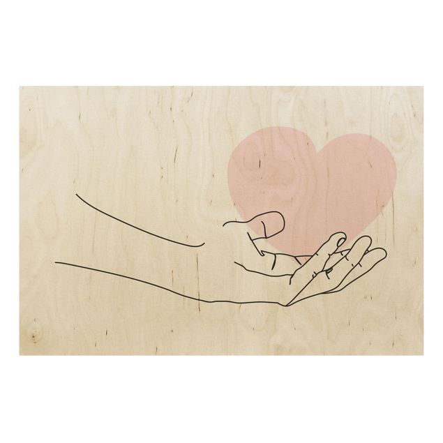 Holzbild - Hand mit Herz Line Art - Querformat 2:3