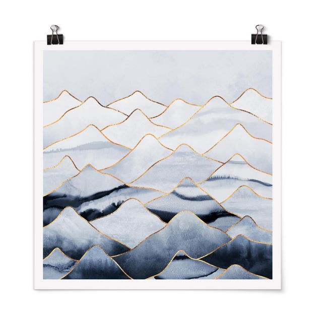 Poster - Aquarell Berge Weiß Gold - Quadrat 1:1