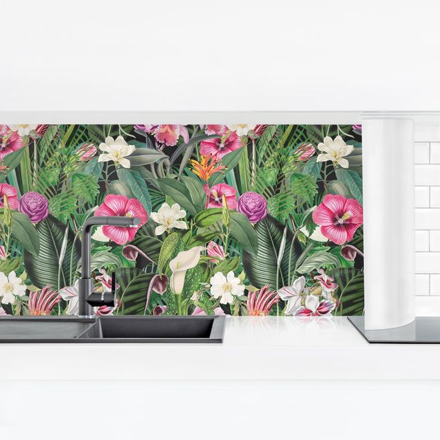 Spritzschutz Küche Bunte tropische Blumen Collage