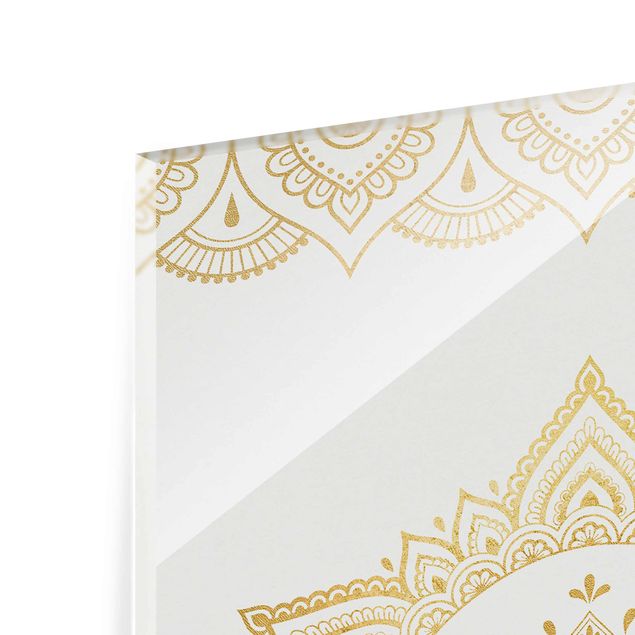 Glasbild - Mandala Lotus Illustration Ornament weiß gold - Querformat 2:3