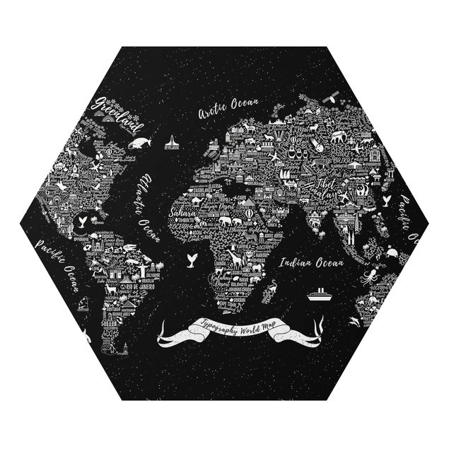 Hexagon Bild Alu-Dibond - Typografie Weltkarte schwarz