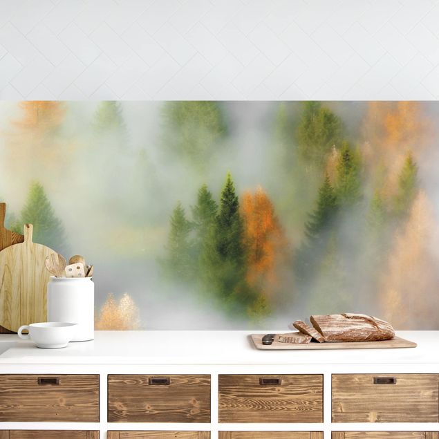 Küchenrückwände Platte Nebelwald im Herbst