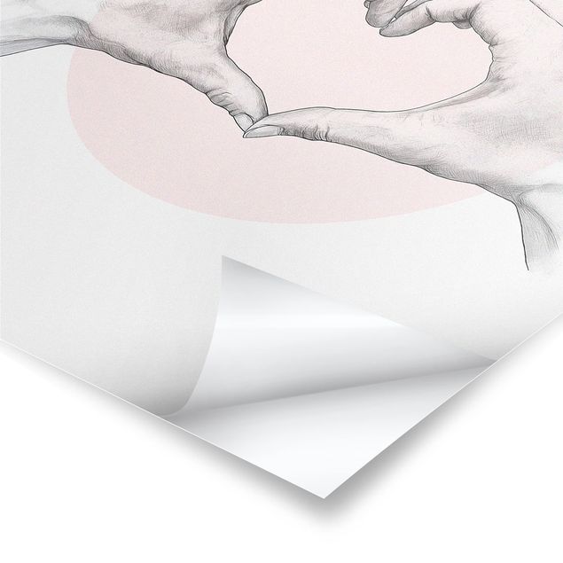 Poster - Illustration Herz Hände Kreis Rosa Weiß - Hochformat 4:3
