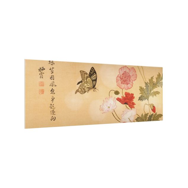 Spritzschutz Glas - Yuanyu Ma - Mohnblumen und Schmetterlinge - Panorama - 5:2