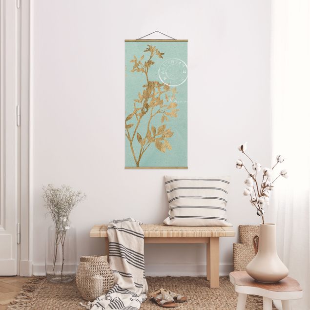 Stoffbilder mit Holzleisten Goldene Blätter auf Turquoise I