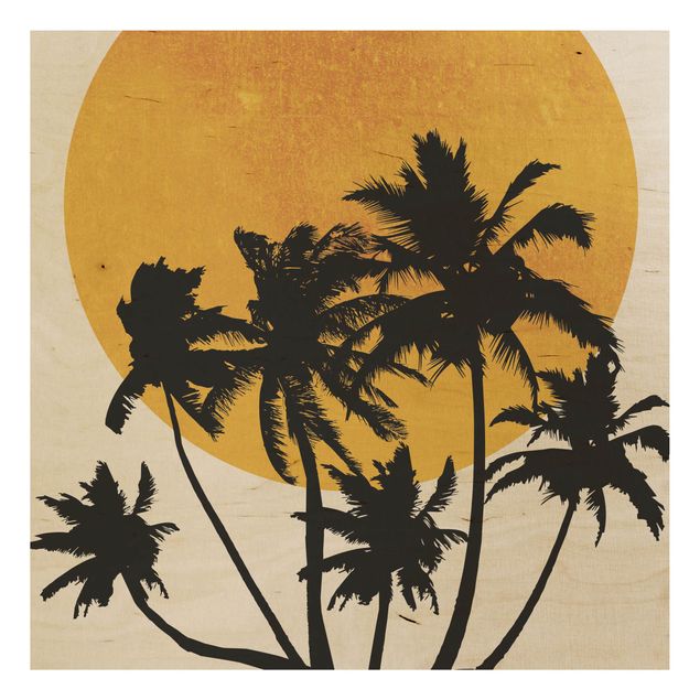 Holzbilder Landschaften Palmen vor goldener Sonne