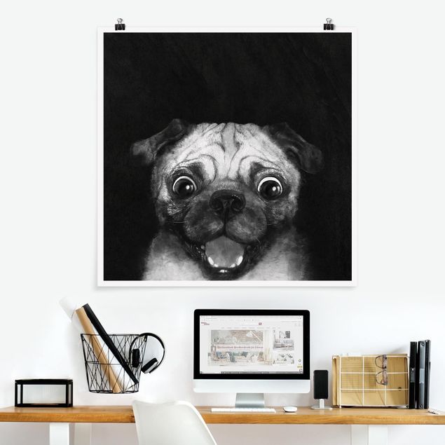 Poster - Illustration Hund Mops Malerei auf Schwarz Weiß - Quadrat 1:1