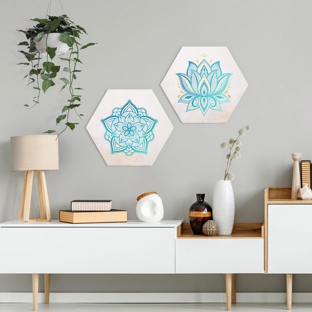 Bilder für die Wand Mandala Lotus Set Gold Blau