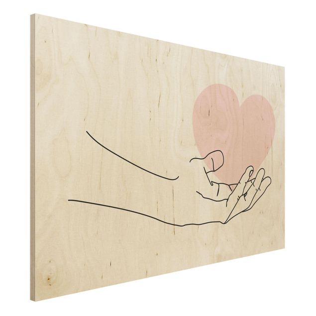Moderne Holzbilder Hand mit Herz Line Art
