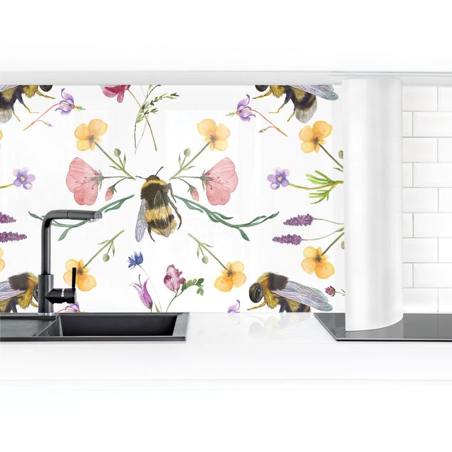 Küchenrückwand Glas Muster Bienen mit Blumen