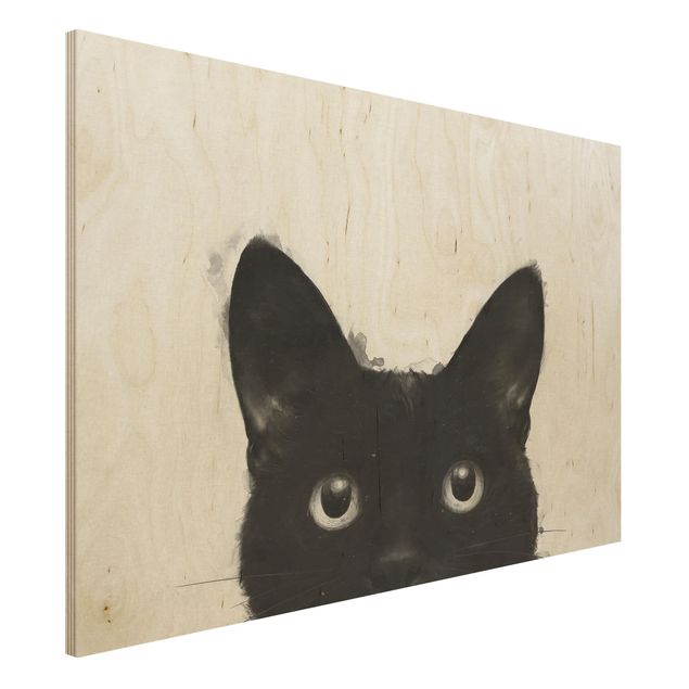 Moderne Holzbilder Illustration Schwarze Katze auf Weiß Malerei