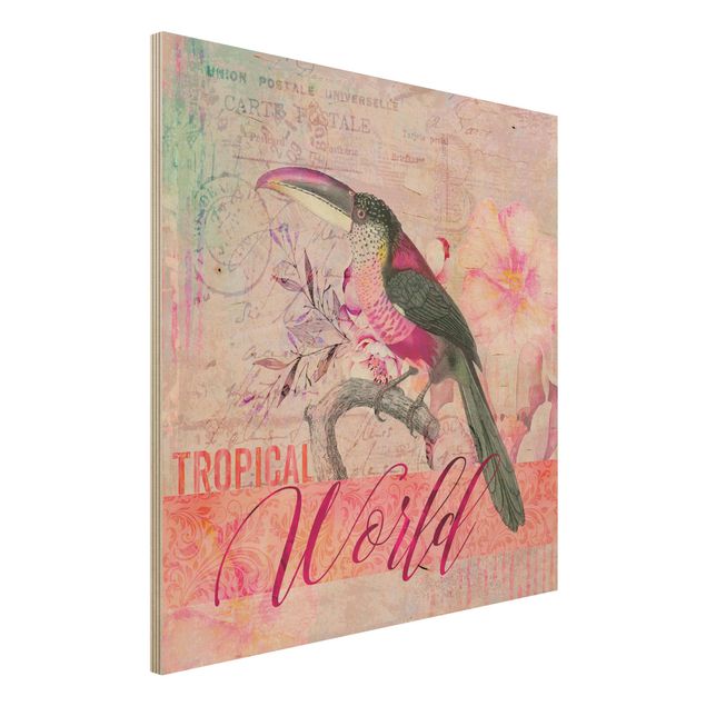 Holzbilder Vintage Vintage Collage - Tropical World Tucan