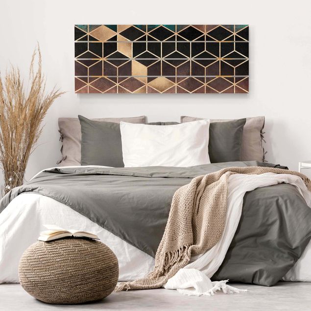 Moderne Holzbilder Türkis Rosé goldene Geometrie