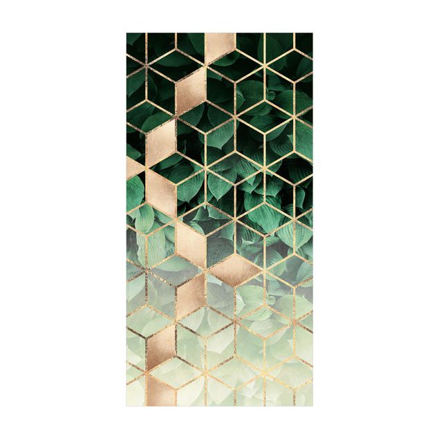 3D Teppich Grüne Blätter goldene Geometrie