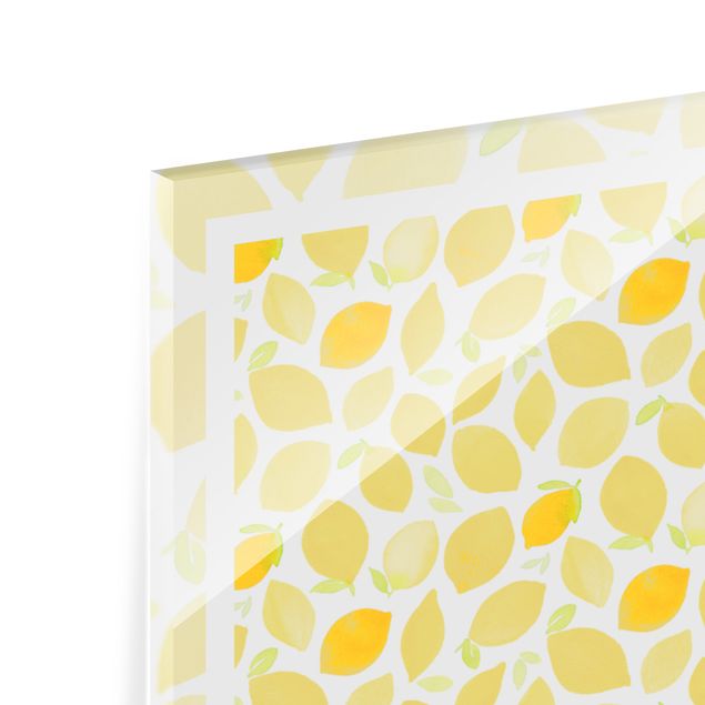 Spritzschutz Glas - Aquarell Zitronen mit Blättern und Rahmen - Quadrat 1:1